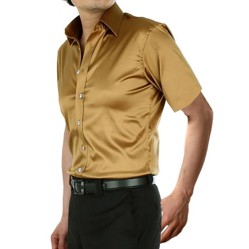 Shiny Gold Silk Satin Shirt for Men Chemise Homme Slim Fit Short Sleeve Tuxedo Club Party Disco Male Social 210522
