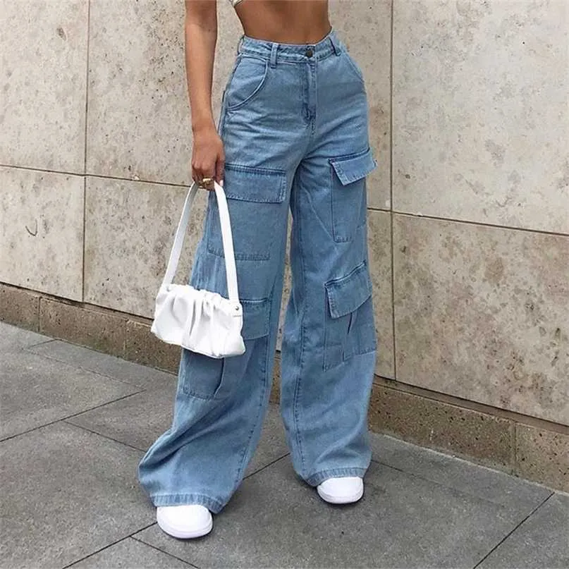 Jeans da donna anni '90 Y2K Patchwork Gamba larga Jeans da mamma Tasche grandi Pantaloni cargo Vintage Lavaggio Casual Streetwear Boyfriend Denim 211129