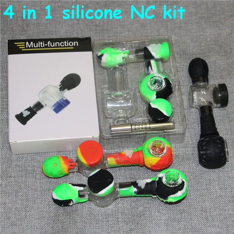 4 in 1 Smoking Pipes Silicone bong kit with 14mm joint titanium nail and dabber tool mini glass water pipe oil rig DHL