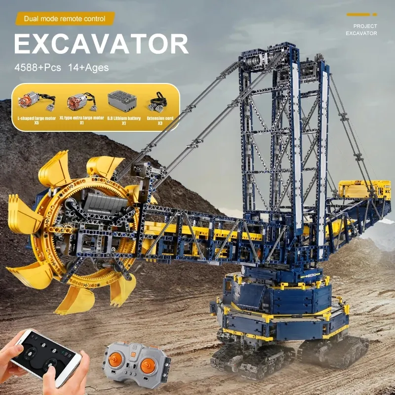 Fjärrkontroll Motor Bucket Wheel Excavator Building Blocks Moukd King 17006 Barn födelsedagsleksaker julklappar för barn