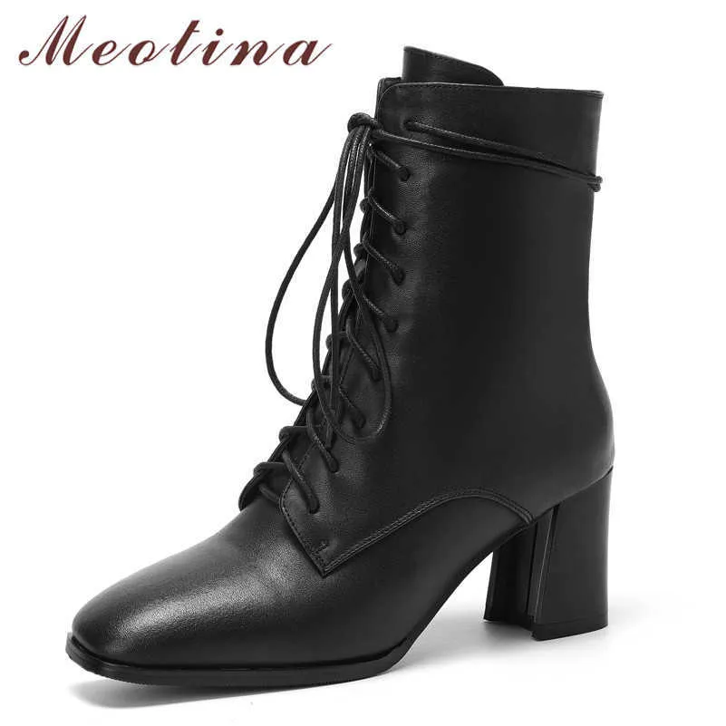 Meotina Botas Curtas Mulheres Sapatos Real Couro de Couro Alto Ankle Boots Quadrado Toe The The Beels Zip Lace Up Senhora Botas Inverno Black 45 210608