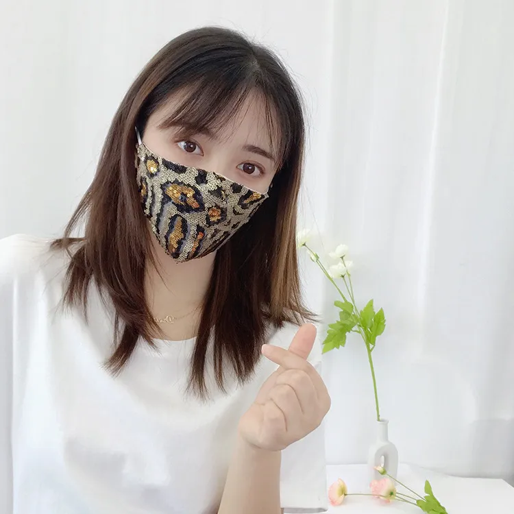 Fashion Sequined Leopard Mask Female Dust-proof Cover Mouth Mask Hanging Ear Type Adult Casual Adjustable Mask HH9-3175