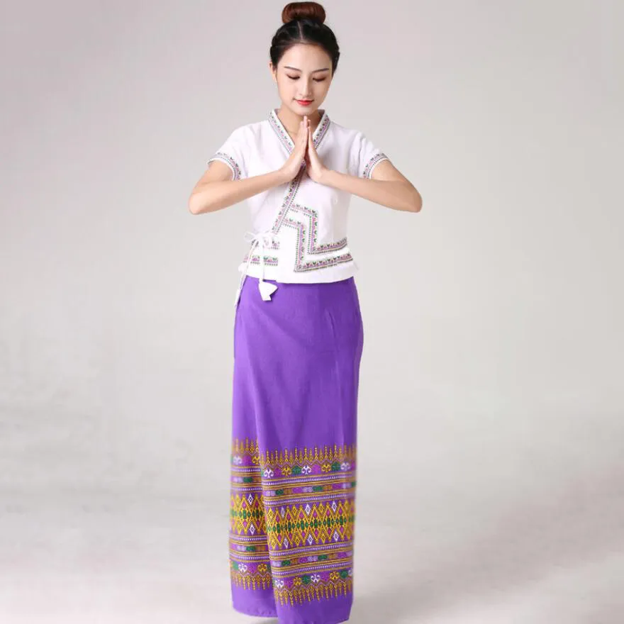 Thailand stijl vrouwen fase slijtage dans kleding oosterse traditionele pak zomer elegante jurk festival vestido lady azië etnische kostuum