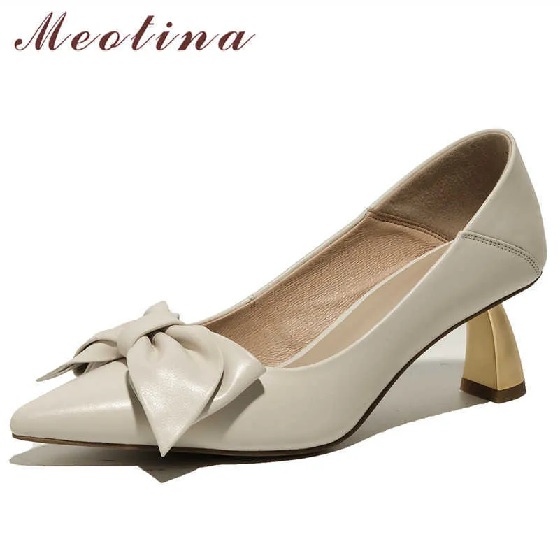 Meotina Genuine Leather High Heels Women Shoes Bow Pointed Toe Pumps Sheepskin Strange Style Heel Female Footwear Beige Size 40 210608