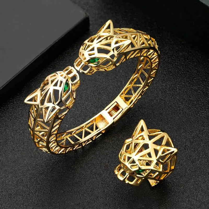 Kolczyki Naszyjnik Zlxgirl Biżuteria Duży Leopard Head Kształt Kobiety i Mężczyźni Bransoletka Z Ring Set High Dubai Gold Bransoletka Anel Bijoux Darmowe pudełko