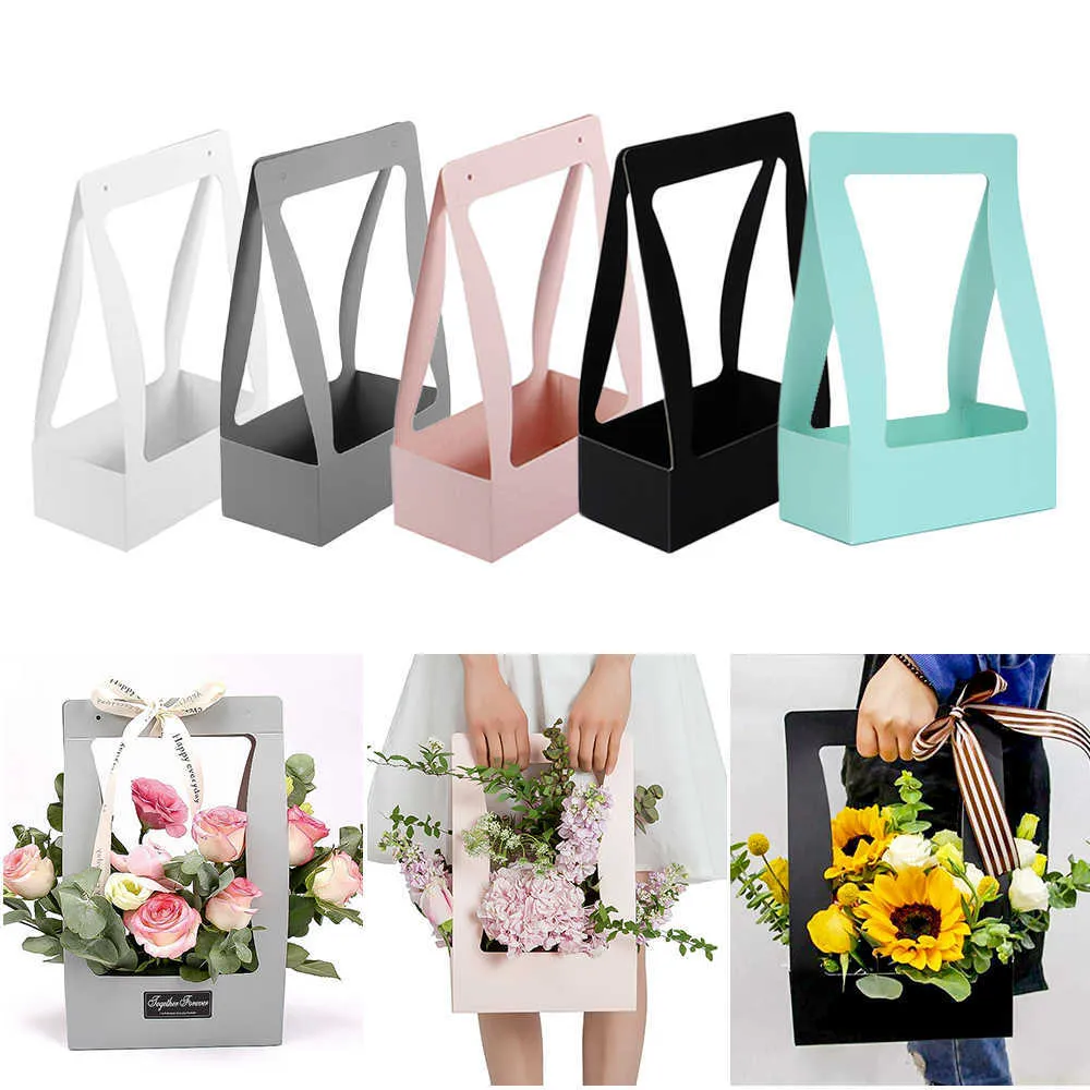 Portable Foldable Flower Box Waterproof Paper Packing Bag Florist Fresh Flower Carrier Bag Handmade Bouquet Basket Wedding Gift Y0712