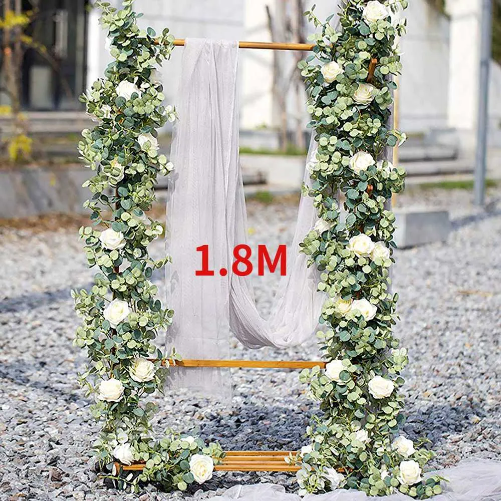 1.8M Artificial Rose Eucalyptus Vine Garland Hanging Rattan Vertical Garden white Fake Plants Leaves Wedding Backdrop Wall Decor 210624