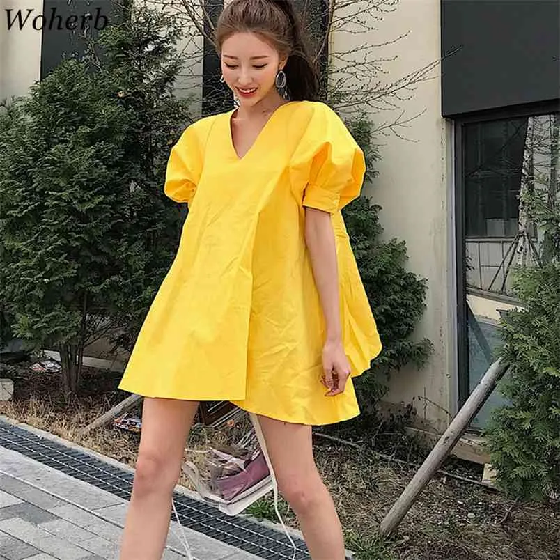 Chic Korean Puff Sleeve Mini Dress for Women - V-Neck, Loose Fit, Vintage A-Line Style, Elegant Burlington Vestidos Para Nias Femme - Perfect for