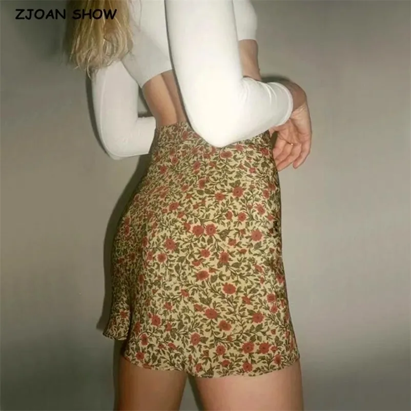 Sommar Kvinnor Kontrastfärg Blommigtryck Mini Skirt Vintage Package Hips Kort Kjolar Sida Zipper 210621