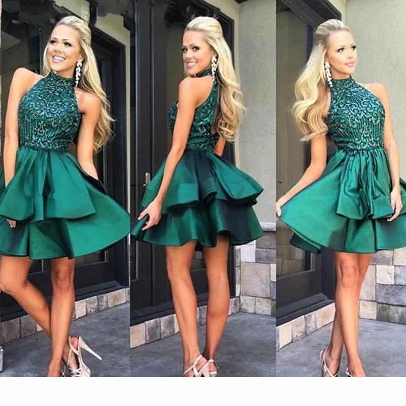 Green Prom Dresses Short Halter Sequins Tiered Satin Skirt Above Knee Length Custom Made A Line Plus Size Tail Party Evening Gown Vestido 403