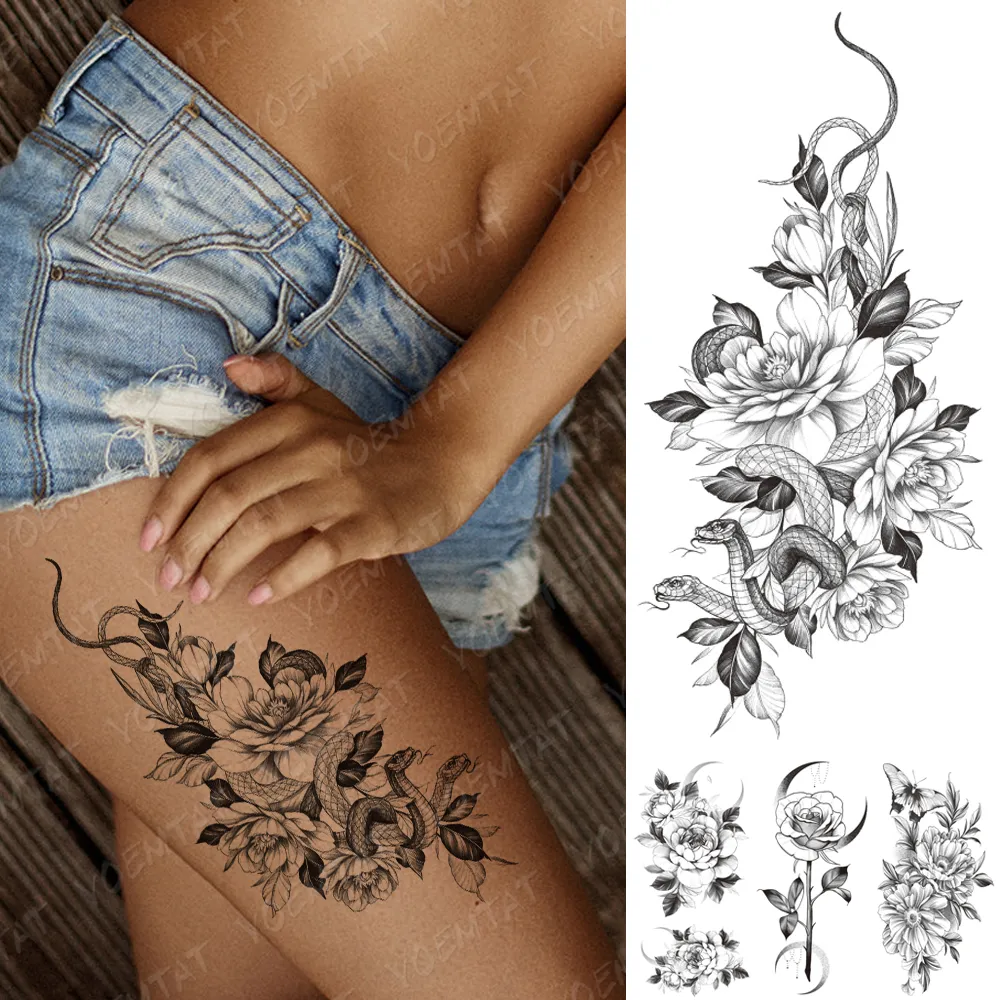 Autocollant de tatouage temporaire imperméable, fleur serpent noir, tatouages Flash féminins, ligne de croquis, Art corporel, bras, cuisse, faux tatouage masculin