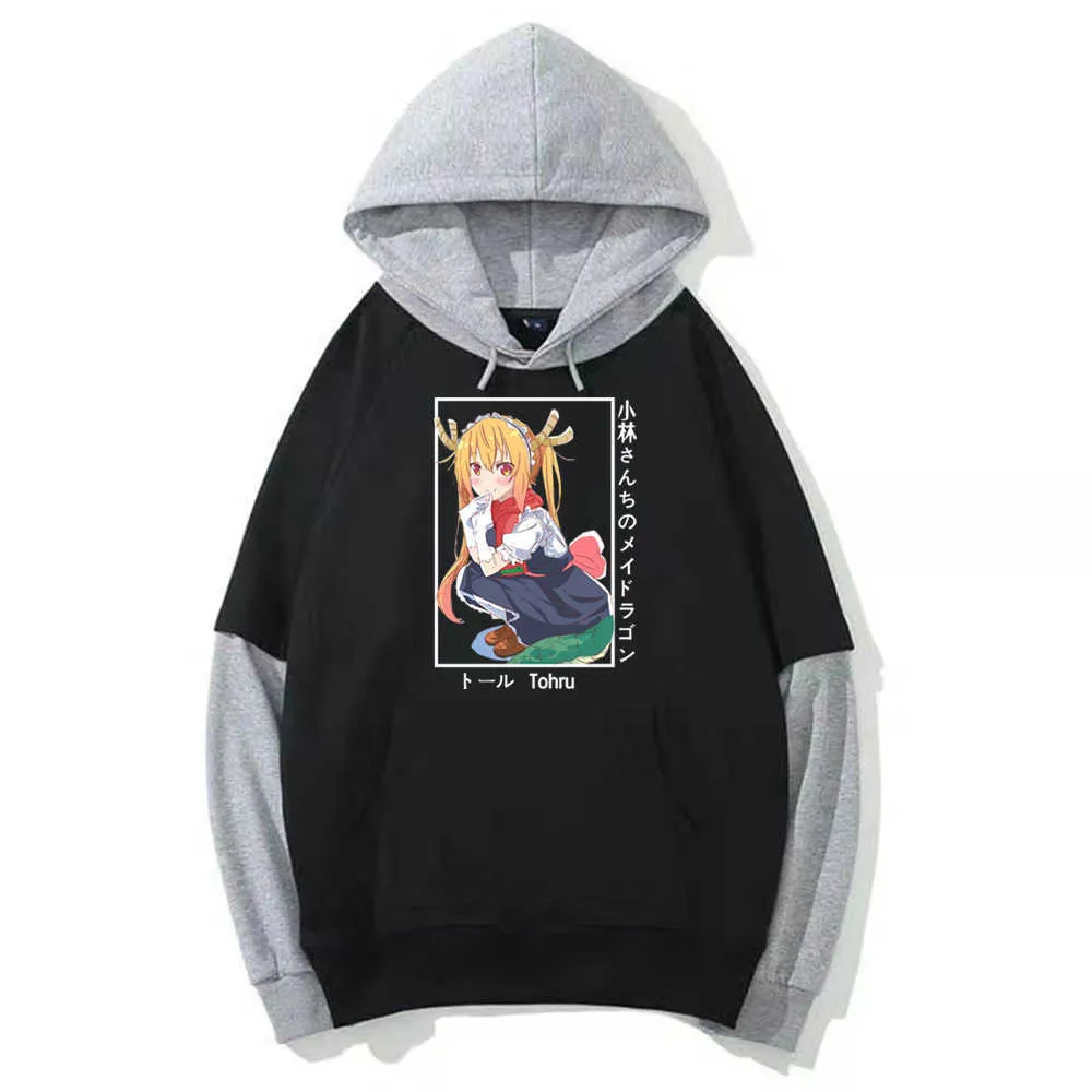 Miss Kobayashi's Dragon Maid Cosplay Cute Fashion Hoodies Bluza Graficzny Manga Fałszywy Dwa Hoody Male H0910