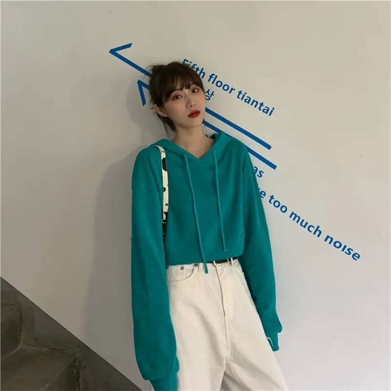 Lente Herfst Dames Tops Koreaanse Stijl De Solid Color Lange Mouwen Hooded Pullover Shirt Losse Korte Sweatshirts LL804 210506