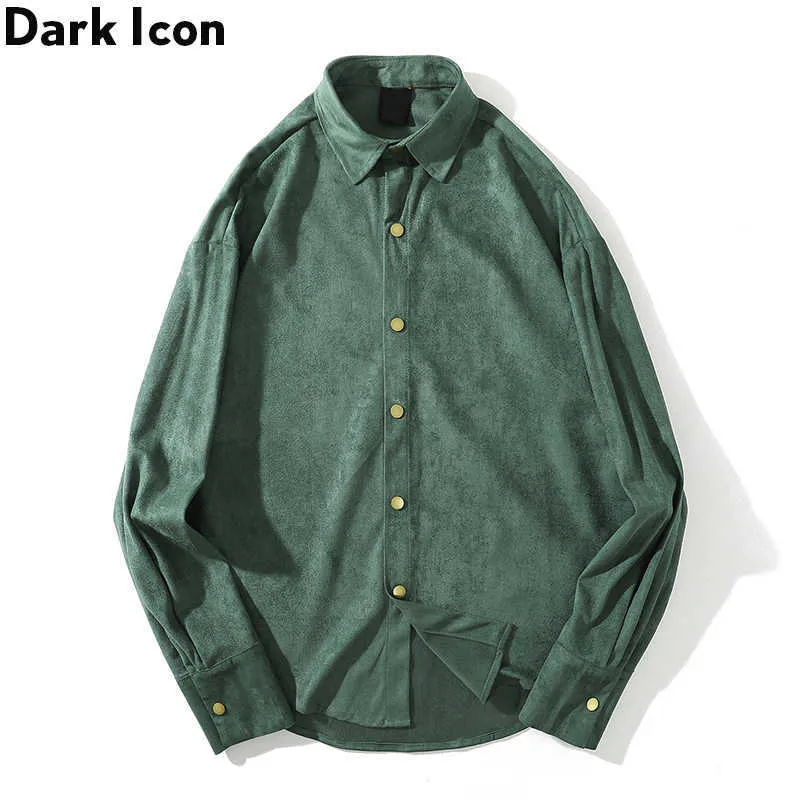 Chemise en daim hommes col rabattu chemise unie à manches longues Streetwear chemises pour hommes noir vert 210603