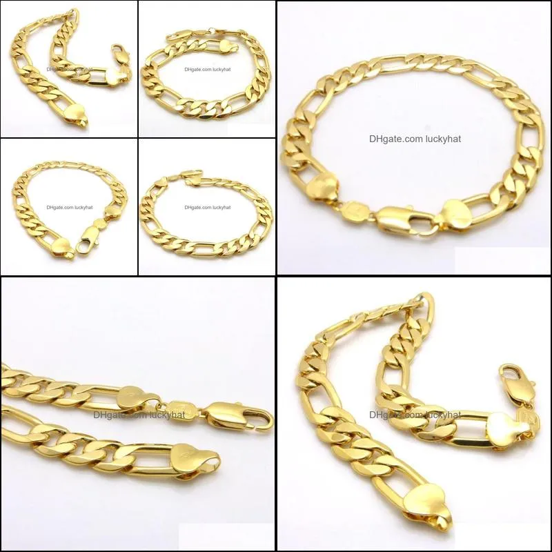 Link, Chain Figaro Link Solid Yellow Gold Filled Mens Bracelet Classic Jewelry