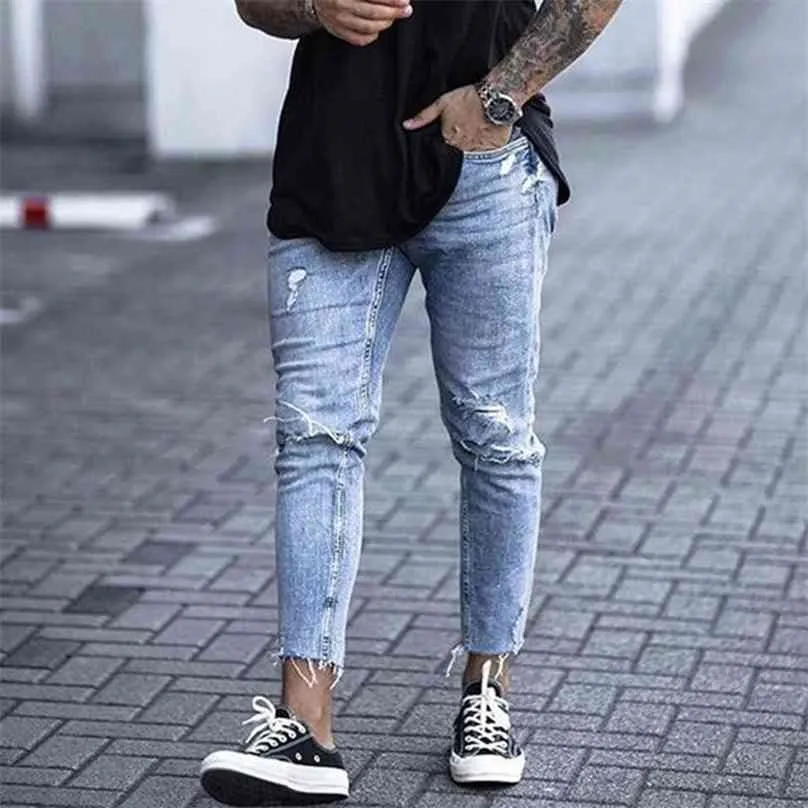 Jeans skinny casual alla caviglia Pantaloni in denim strappati Cerniera Fly Abbigliamento uomo Fondo tagliato Matita Azzurro Cowboys Streetwear 210716