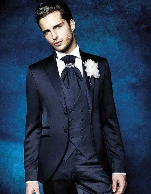 Navy Blue formal homens terno para casamento 3 peças (jaqueta + pant + colete + gravata) Últimos desenhos fino noivo blazer traje homme terno x0909