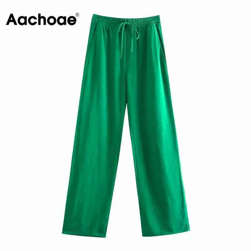 Aachoae Women Wide Pen Broek Groen Casual Lange Broek Mode Vintage High Street Lady Pantalon 211124