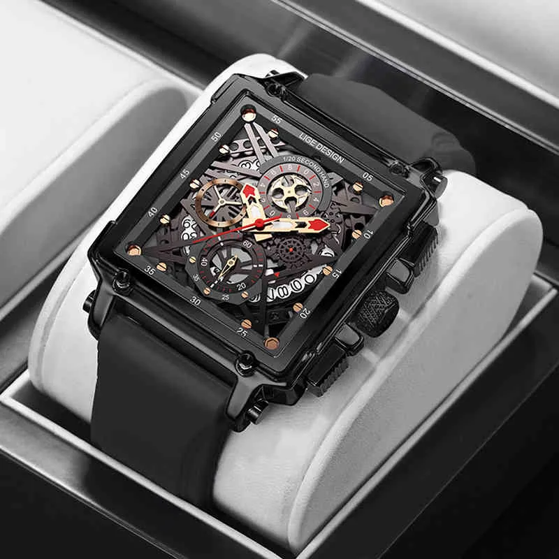 Lige 2021 New Mens Watches Top Brand Luxury Waterproof Quartz Square Watch for Men Date Sport Hollow Clock Male+box Reloj Hombre Q0524