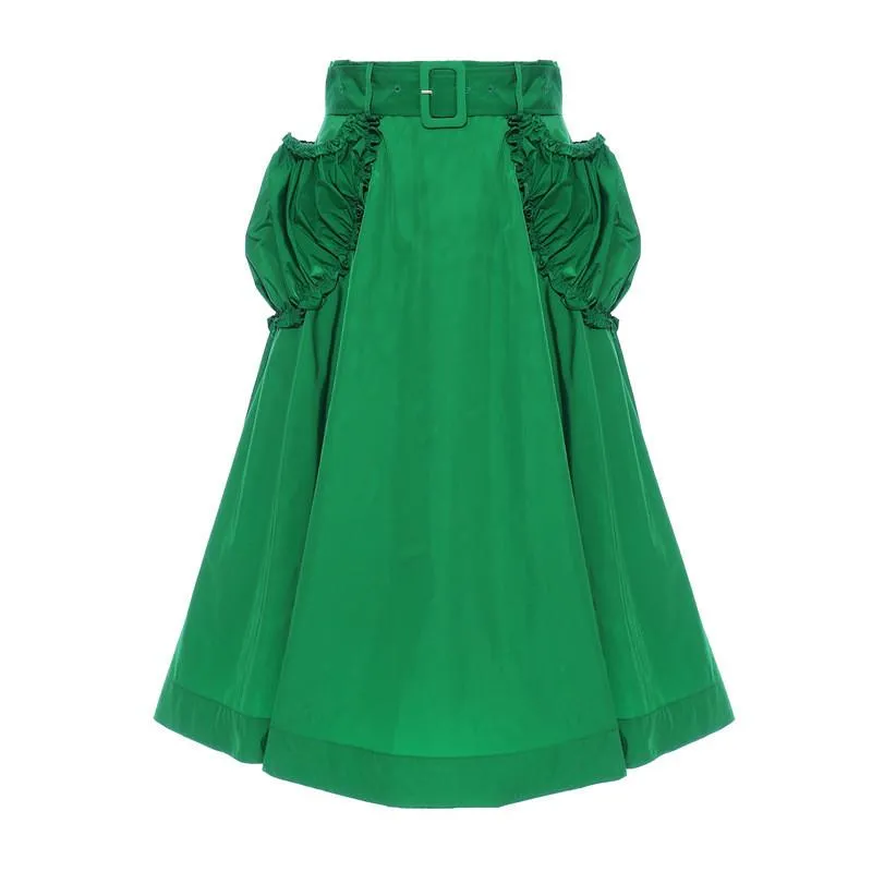 Faldas Elgant Midi Falda Mujer Bolsillo con volantes Verde Cintura alta A-line Oficina Señora Negro Harajuku Moda coreana