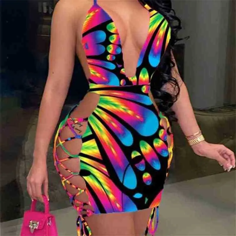 Product Tie Dye Side Hollow Out Lace-Up Sheath Mini Dresses For Women Neon Clothing Holiday Party Sexy Dress 210525