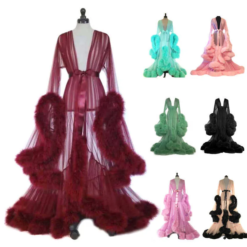 Solid Color Maternity Robes Women Long Dress Tulle Bathrobe Dresses Po Shoot Birthday Party Bridal Fluffy Sleepwear 210924