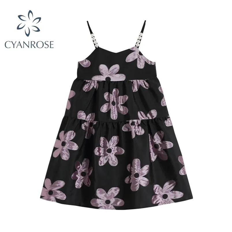 Korean Floral Print Spaghetti Strap Dress Women Summer Vintage Elegant Suspender Blackless Sleeveless Lady 210515