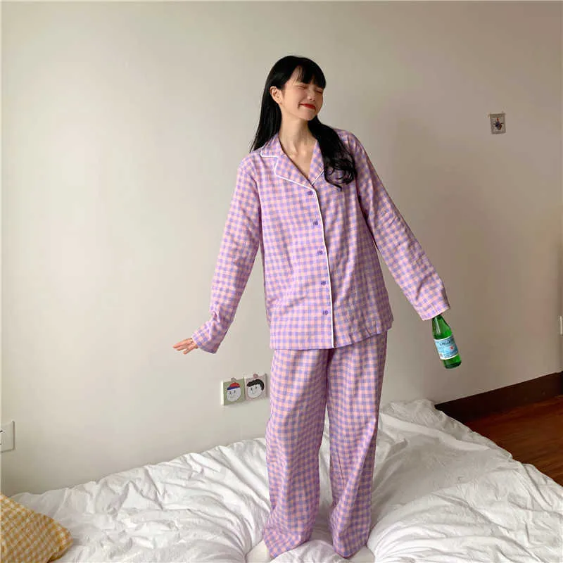 CAIYIER Korean Purple Grid Girls Pajamas Set Cute Winter Long Sleeve