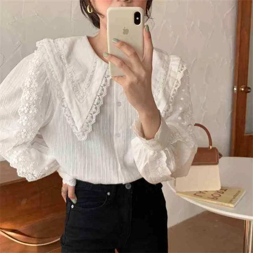 Chegada elegante tops mulheres camisa lace costurando lanterna manga boneca colarinho estilo coreano blusa solta blusa 210525