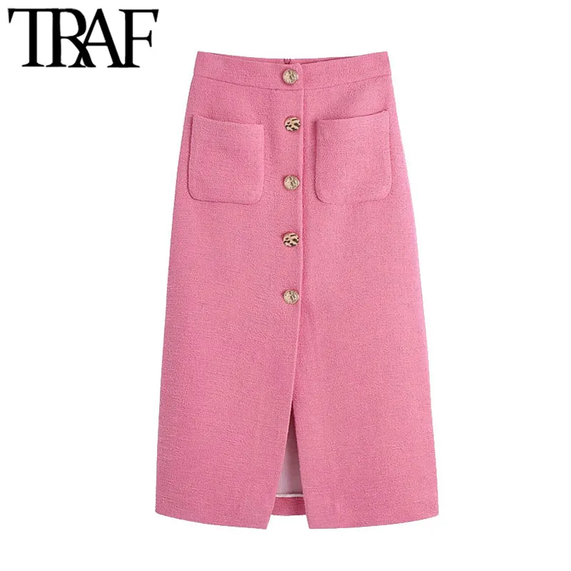 TRAF femmes Chic mode avec boutons fente avant Tweed jupe mi-longue Vintage taille haute dos fermeture éclair femme jupes Mujer 210415