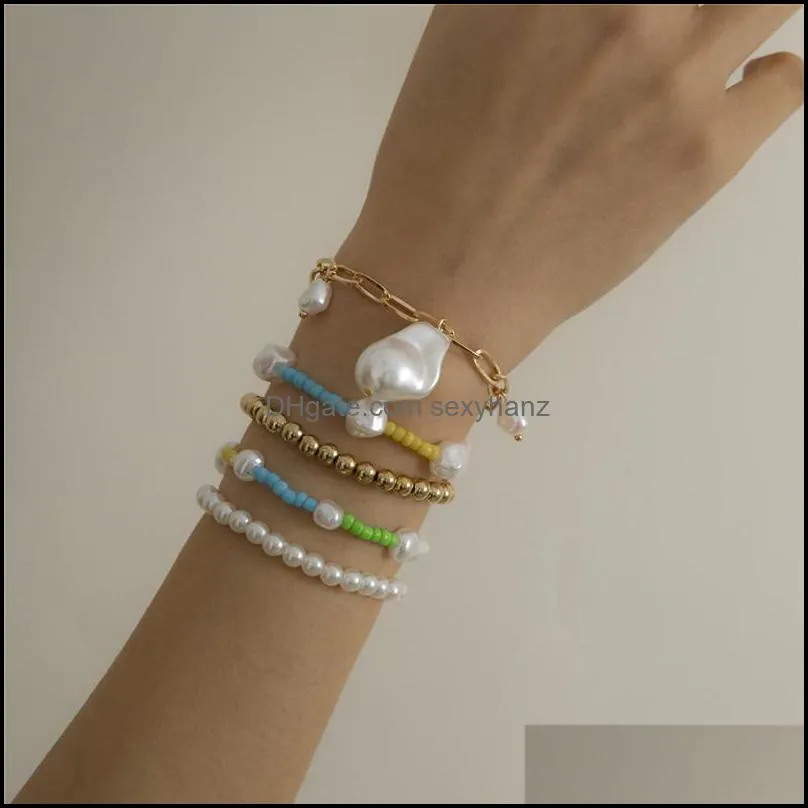 Contrast Color Imitation Pearl Charm Bracelets Ethnic Style Colorful Rice Beaded Hand Chain Women Punk Party Business Bracelet Jewelry Sets