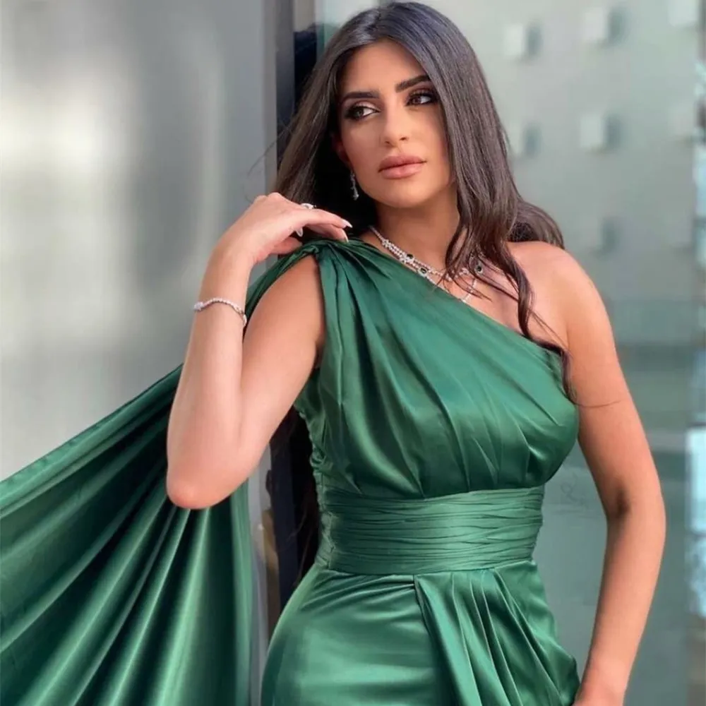 Green Satin One Shoulder Green Silk Bridesmaid Dress With