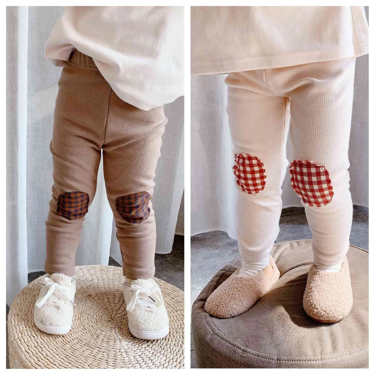 Hiver bébé filles genou patchwork leggings enfants pur coton polaire persistant épais pantalon maigre 210508