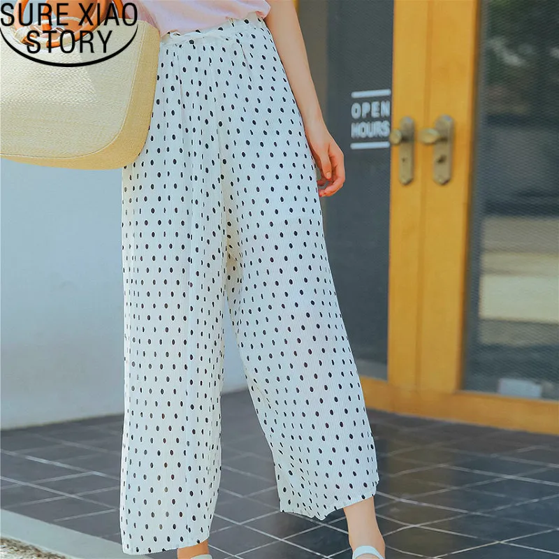 Kvinnor Skjortor Streetwear Wide Leg High Waist Lace Up Byxor Koreansk Loose Casual Flat Dot White Pant 2698 50 210415