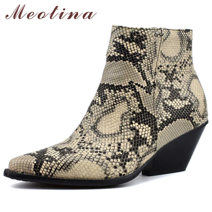 Meotina Autumn Ankle Boots Women Snake Print Strange Style Heel Short Boots Zipper Pointed Toe Shoes Lady Winter Plus Size 34-46 210608