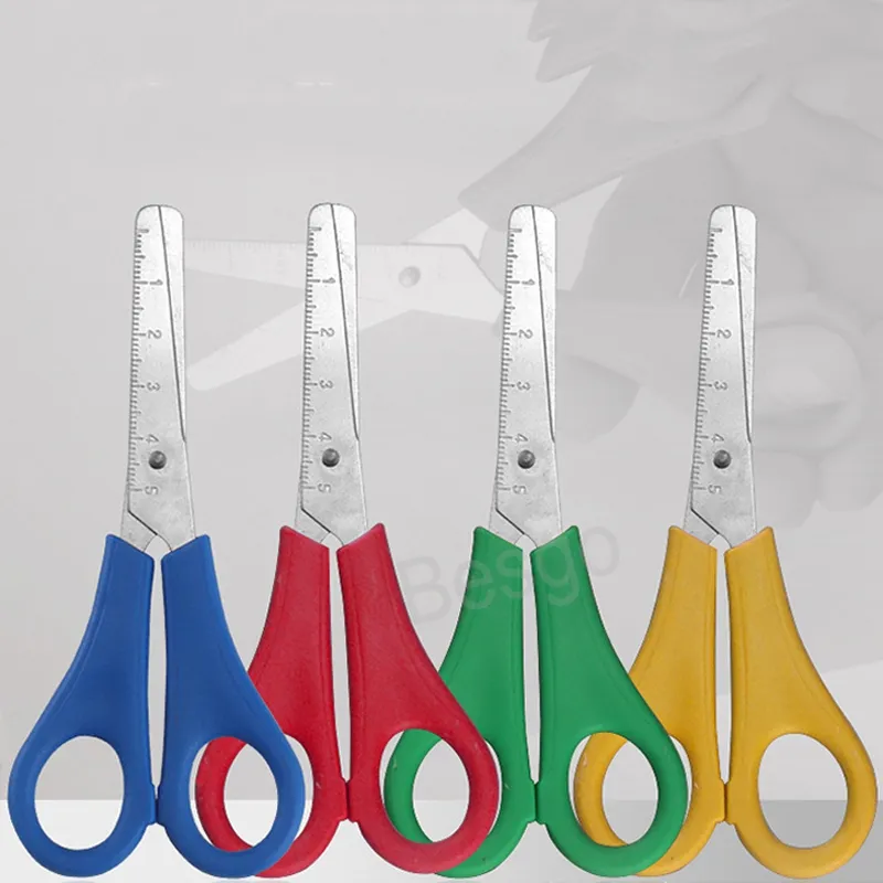 Kinderen Ronde Hoofd Scissor Plastic Schaar met Schaal Liniaal DIY Handcraft Shear School School Office Student Snijbenodigdheden 4 Kleuren BH5863 TYJ