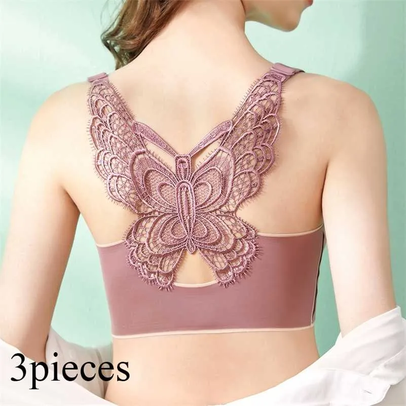 3pcs/set Thai Latex Plus Size Underwear Women No Steel Ring Butterfly Beautiful Back Sexy Gathering Comfortable Vest-style Bra D 211217