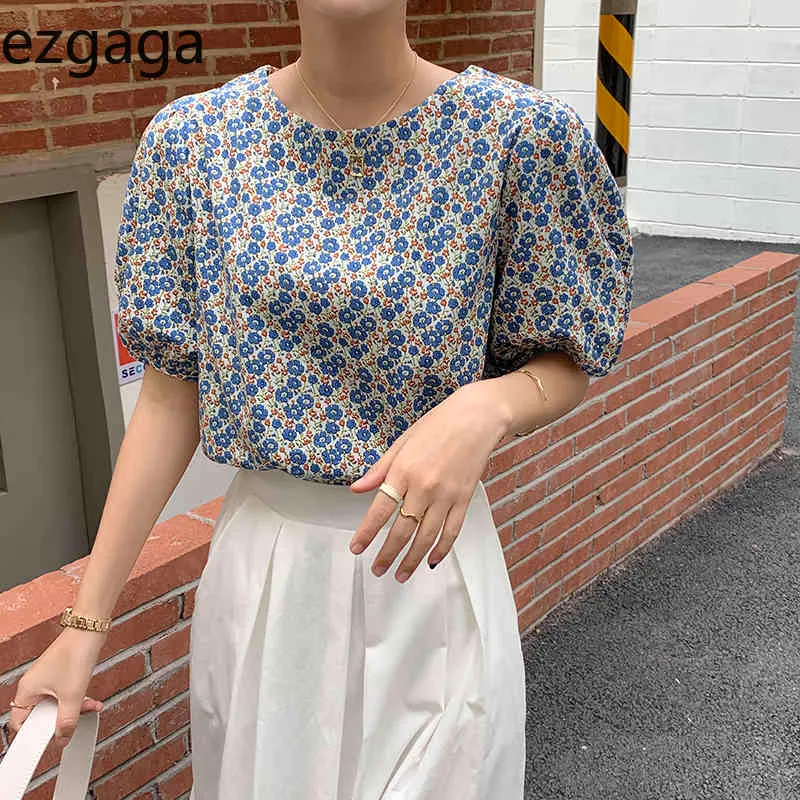 Ezgaga Chic femmes Blouse imprimé fleuri Vintage manches courtes bouffantes Vintage chemises été nouvelle mode coréenne lâche tout-match 210430