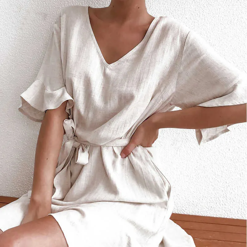 Summer Chic: Women's Short Sleeve V-Neck Cotton Linen Linen dress women - Perfect for Parties and Casual Outfits
