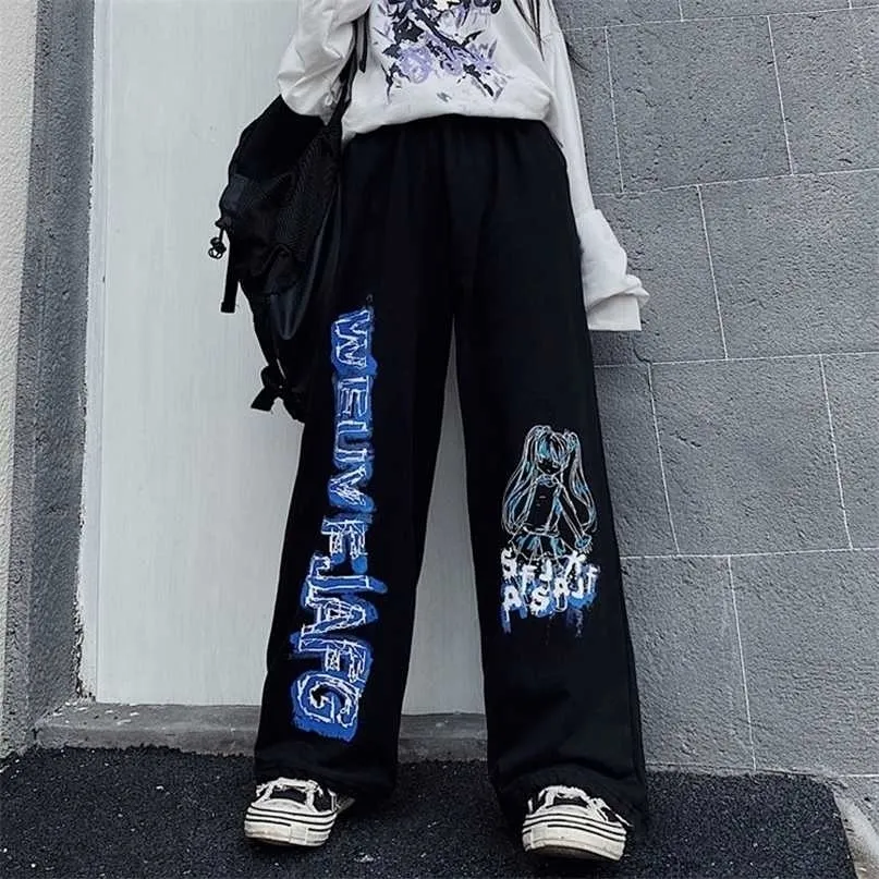 QWEEK Anime Print Wide Leg Pants Women Harajuku Streetwear Alt Oversize Jogging Sweatpants Baggy Korean Fashion Joggers Trousers 211115