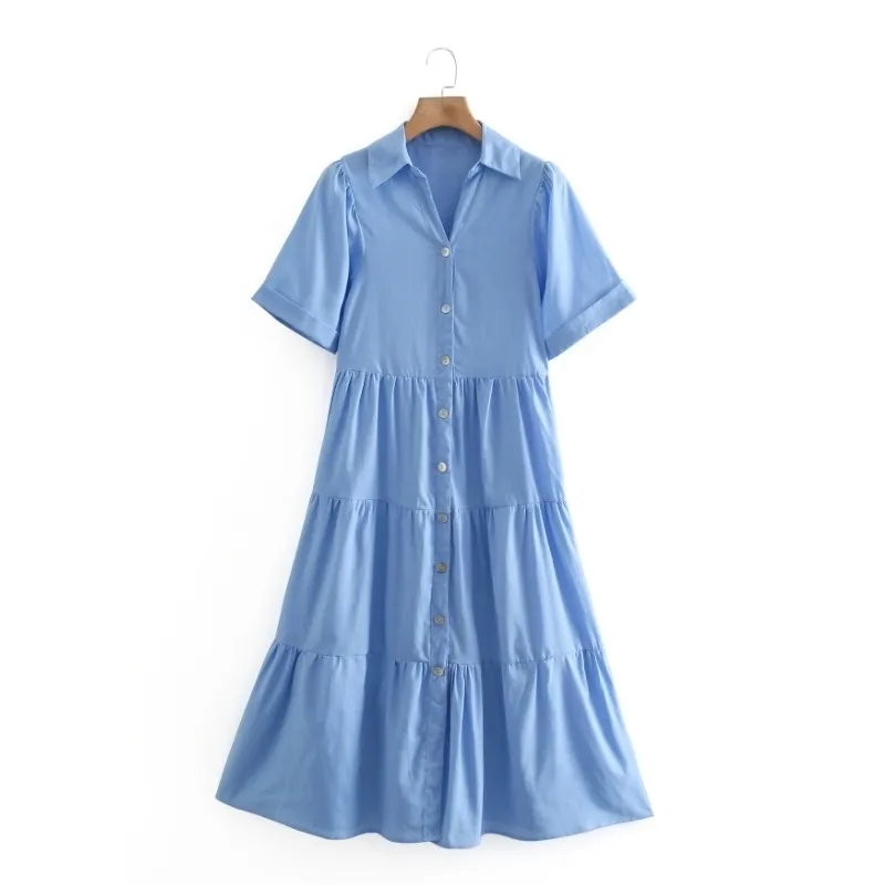 Summer Women Tiered Brush Split Blue Midi Camicia Dress Femmina Manica Corta Abiti Casual Lady Syny Sinces Vestido D7661 210430