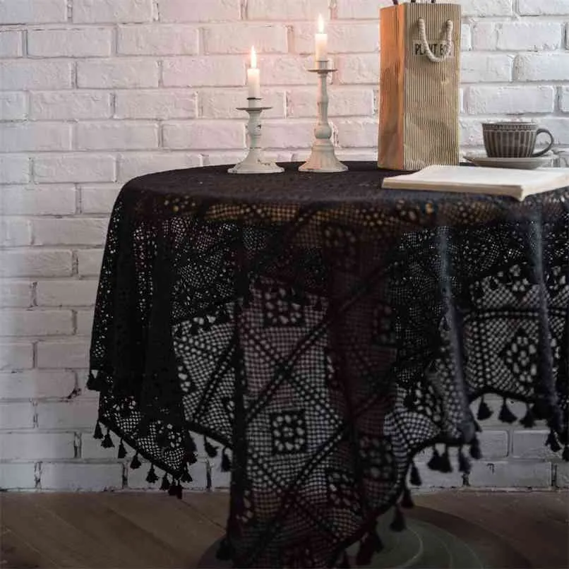 Gothic Black Lace Tablecloth Round Cover Crochet Knitting Piano Towel Decor for Dinning Room Background Cloth 210626
