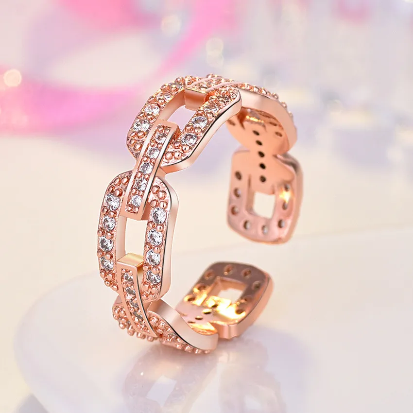 Hollow Diamond Chain Ring Band Finger Rose Gold Open Adjustable Chunky Rings for Women Girls Engagement Wed gift Fashion Jewelry Will and Sandy