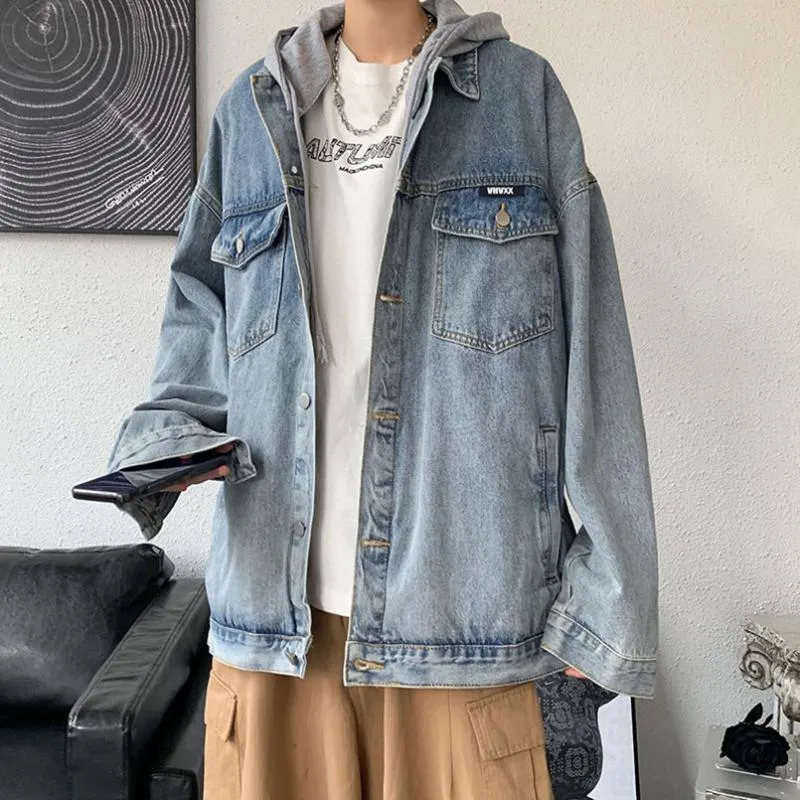 Männer Jacken Schweiß Hut Mit Kapuze Jeans Jacke Männer Übergroße Weste Mode Hip Hop Streetwear Koreanische Casual Denim Mantel 2021 Herbst