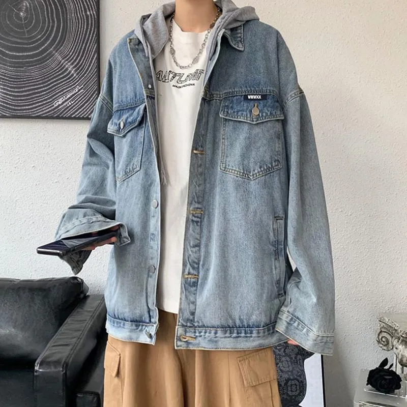 Men's Jackets Sweat Hat Hooded Jeans Jacket Men Oversized Waistcoat Fashion Hip Hop Streetwear Korean Casual Denim Coat 2021 Autumn