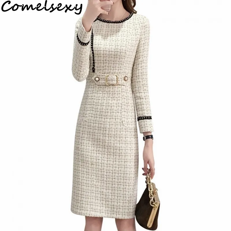 Comelsexy Tweed Dress Mulheres Primavera Vintage Vestidos De Lã Vestidos Feminino Elegante Vestido de Lã Escritório Vestidos 210515