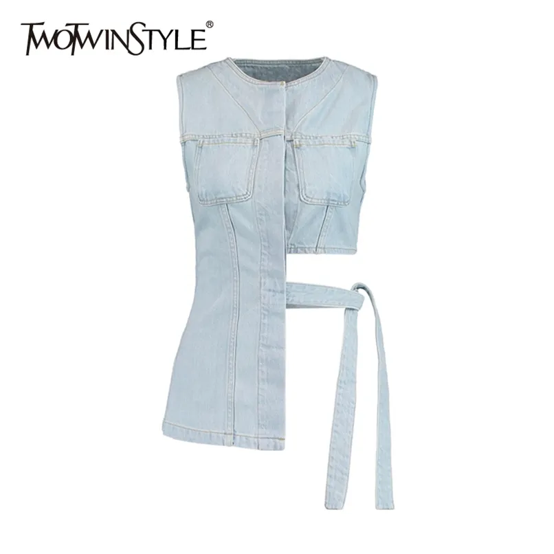 Twotwinstyle Lace Up Bowknot Denim Vest voor Dames O Hals Mouwloze Holle Casual Vests Vrouwelijke Mode Kleding 210910