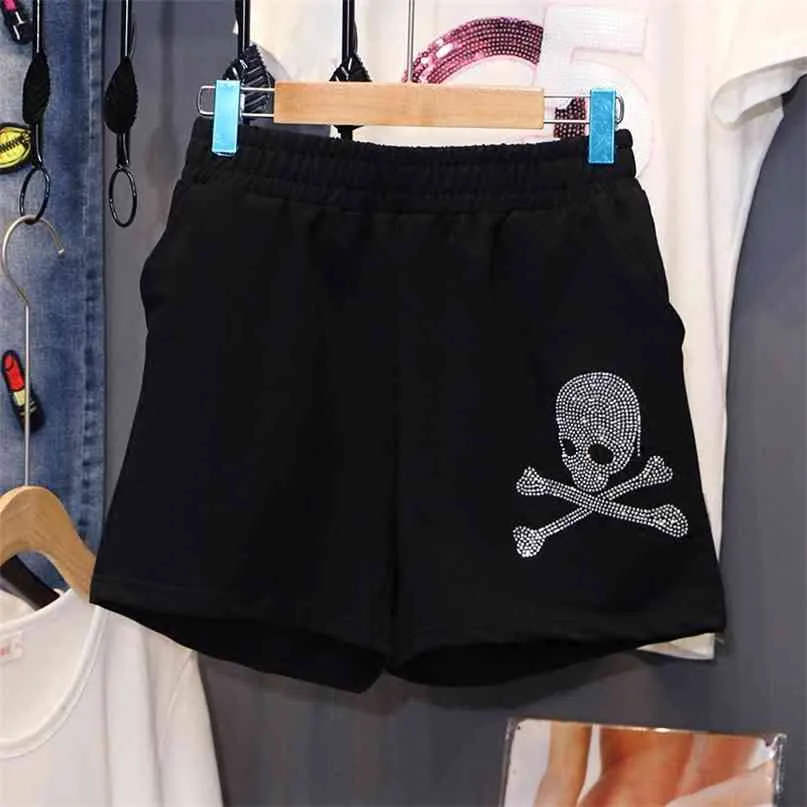 Skulls drill shorts mujer verano negro cintura elástica pantalones calle Casual mujer suelta moda movimiento 210621