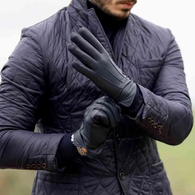 Harssidanzar Mężczyźni Prawdziwej Skóry Kółko Rocznika Skończone Ciepłe Kaszmirowe Zimowe rękawice zimowe