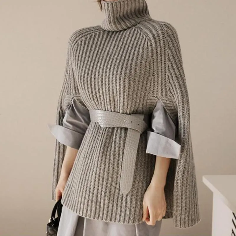 Pull tricoté à col roulé pour femme, veste cape, manches chauve-souris, ample, solide, vêtements d'extérieur, collection automne et hiver